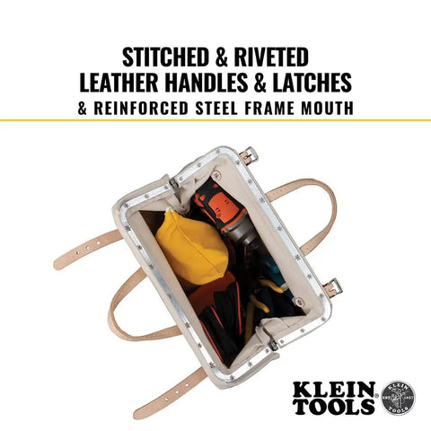 Top view of 14-inch Heavy Duty Natural Canvas Tool Bag With Wide Hinged Opening Leather Handles Riveted Steel Frame Mouth