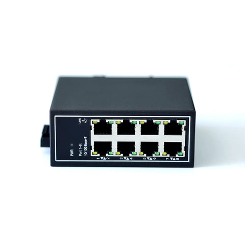 Front view of 8 Port Industrial Unmanaged Ethernet Switch 10 100 Mbps With DIN Rail Or Wall Mount UL Listed Fanless IP30 Rugged