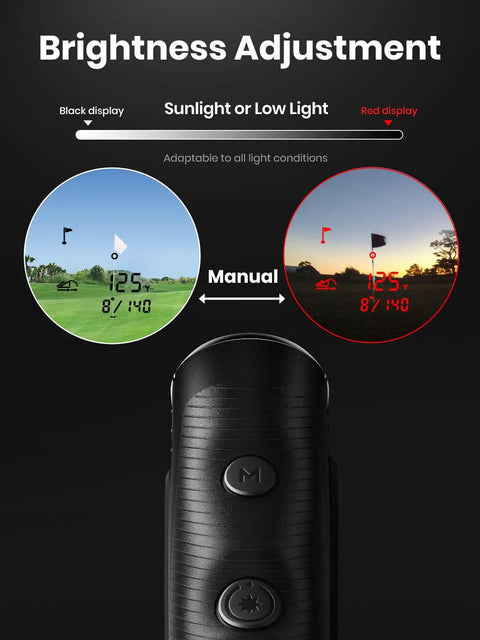 Brightness adjustment feature of Dominate The Fairway With This Heavy Duty Golf Rangefinder Featuring Auto Slope Compensation And Smart Triangulation For Locked Flags Up To 1300 Yards Slick Magnetic Clip, displaying black and red modes.
