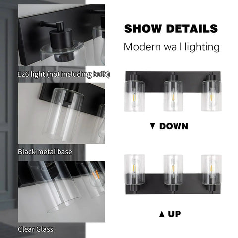 Three Light Matte Black Bathroom Vanity Light Fixture For Farmhouse Style Over Mirror With Clear Glass Shade E26 Base details