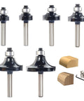 Badass Roundover Router Bit Set With Six Extra Guide Bearings And Heavy Duty Carbide Edge Forming Bits, showcasing six carbide bits and wood samples.