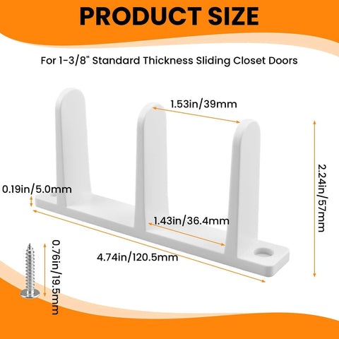 Four Pack White Sliding Closet Door Floor Guides Universal ABS Bottom Hardware For One And Three Eighths Inch Thick Cabinet Doors Track Bracket Replacement Parts With Screws For Easy Installation And Durable Performance, shown with dimensions.