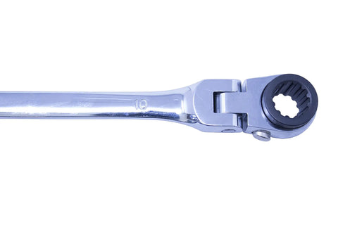 Close-up of 8x10mm Double Box Universal Spline Reversible Ratcheting Wrench With 90 Tooth Design Long Reach Flexible Handle Gearhead Grade