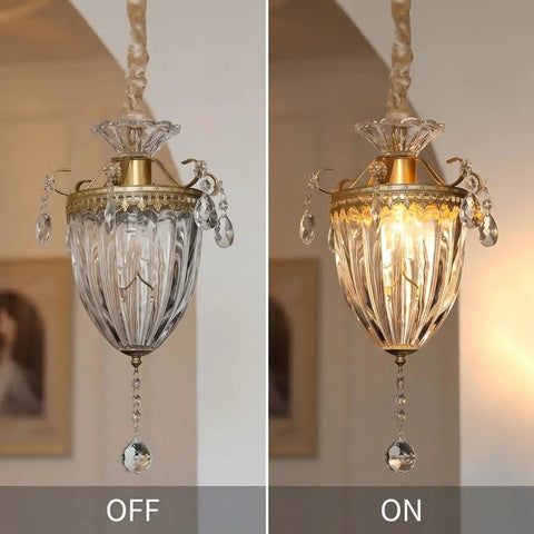 vhhob French Light Luxury Crystal Pendant Lamp Ceiling Hanging Fixture with gold accents, off and on lighting options.
