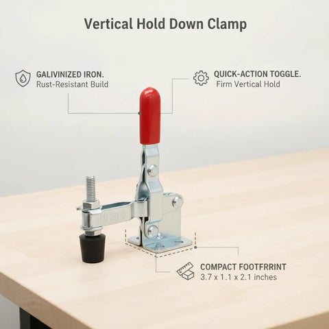 Vertical Hold Down Clamp with Quick Action Toggle for woodworking on galvanized iron workbench, showing compact size and features.