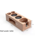 Solid Wood Espresso Tamper Console And Filter Stand With Antiskid Base Built Different For Daily Grind Hustle At Backyard Cafe Or Local Shop Using Standard 58 Mm Equipment, detailed view of small powder holder.