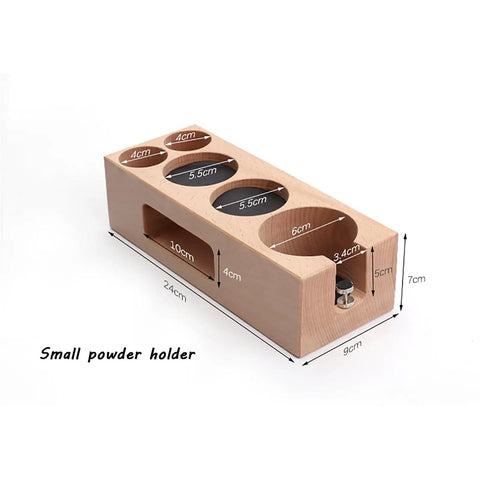 Solid Wood Espresso Tamper Console And Filter Stand With Antiskid Base Built Different For Daily Grind Hustle At Backyard Cafe Or Local Shop Using Standard 58 Mm Equipment, detailed view of small powder holder.