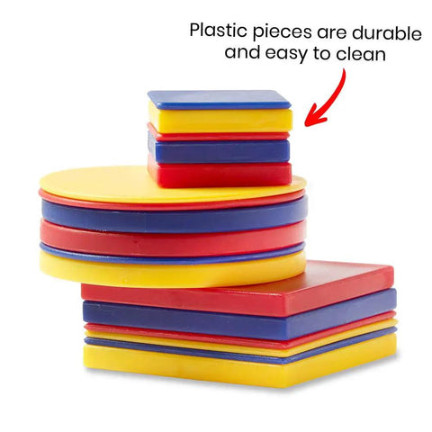 Plastic Attribute Blocks Geometry Set for Preschoolers and Toddlers, multicolored stack of durable plastic blocks
