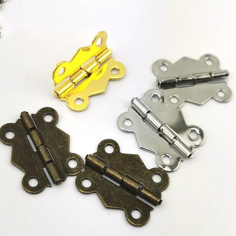 20 Pack Small Cabinet Door Hinges For Furniture Upgrade Heavy Duty Drawer Mounting Braces in bronze, chrome, and gold finishes.