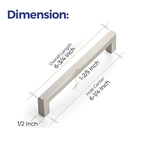 Ten Pack Six And A Quarter Inch Square Kitchen Cabinet Handles In Satin Nickel Finish dimensions diagram with length measurements
