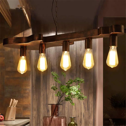 Dope Bronze Linear Island Light With Guitar Shade, Industrial Farmhouse Ceiling Fixture, glowing E26 bulbs in kitchen setting