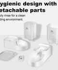 Hygienic design of Straight Up Gravity Dog And Cat Feeder Set With Auto Water Dispenser and Leak Proof Basin components laid out.