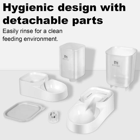 Hygienic design of Straight Up Gravity Dog And Cat Feeder Set With Auto Water Dispenser and Leak Proof Basin components laid out.