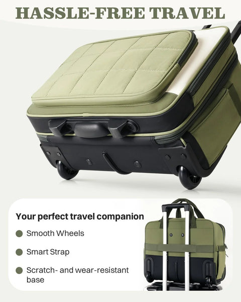 AUROTIER rolling green laptop bag with quilted puffer exterior, wheels, and retractable handle
