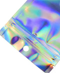 Close-up of a rainbow back on a Pack Of 100 Holographic Aluminum Foil Zip Lock Self Sealing Food Storage Bags, 7.5x12cm
