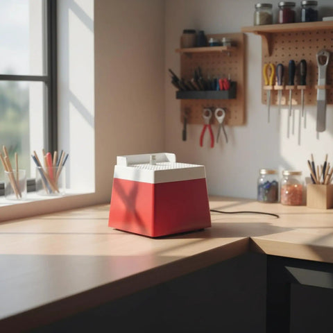 Compact Mini Glass Edge Grinding Machine For Hobby Workspace And Repair Bench on a wooden workbench in a bright room.