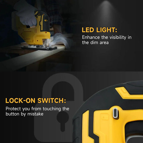 Heavy Duty Cordless Electric Jigsaw Cuts Wood And Steel Like Butter With Zero Stress Easy Peasy Controls showcasing LED light and lock-on switch.