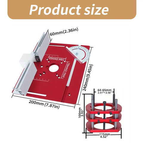 Slick Precision Router Lift Kit With Dead Simple Drop In Table Insert And Heavy Duty Aluminum Base Mounting Platform, 200x240mm size with measurement details.