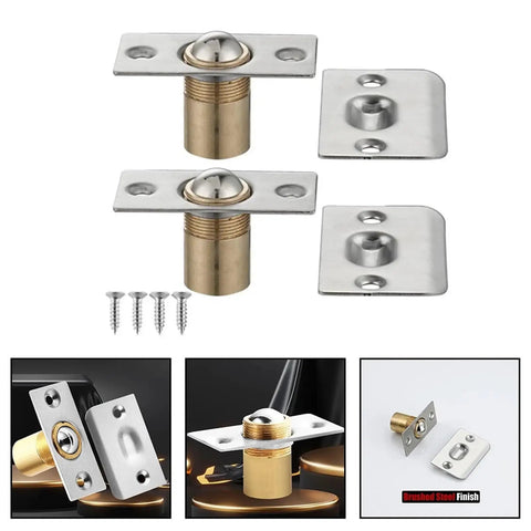 Heavy Duty Ball Catch Kit For Doors And Cabinets 12 Pieces Super Tight Pull To Lock Mechanism Adjustable Brass Latch Hardware Polished Finish, showing hardware components with screws.