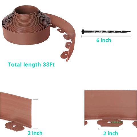 Durable Flexible 4 Inch Landscape Edging Coil Kit With 30 Spikes For Lawn Borders And Flower Beds 33 Feet Brown Plastic Edging