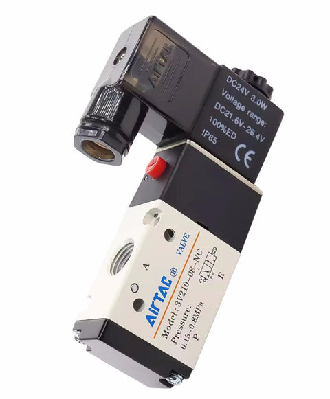 DC24V 3/2 Way Solenoid Valve, 1/4 Inch PT, Normally Closed, Aluminum Body, Model 3V210-08, high flow, IP65 label visible, angled view
