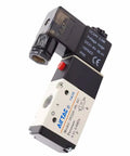Front view of AC110V Solenoid Valve Three To Two Way Pneumatic Electric Model 3V21008 with aluminum body and 1/4 inch ports.