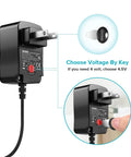 Universal AC DC Power Adapter 12W with 8 tips for routers, speakers, showcasing adjustable voltage key feature