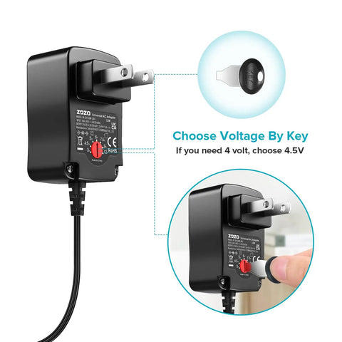Universal AC DC Power Adapter 12W with 8 tips for routers, speakers, showcasing adjustable voltage key feature