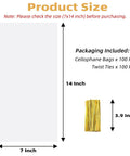 Heckin Great Cellophane Treat Bags 7 X 14 Inches With Gold Twist Ties 100 Pack showing a size diagram and contents.