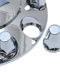 Close-up of 33mm Chrome Front Axle Wheel Covers For Semi Trucks ABS Plastic Hub Caps With Screw On Lug Nut Covers