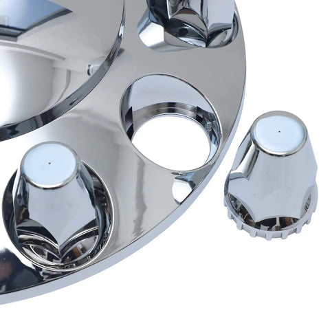 Close-up of 33mm Chrome Front Axle Wheel Covers For Semi Trucks ABS Plastic Hub Caps With Screw On Lug Nut Covers
