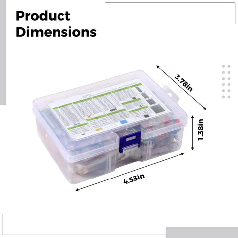 Product dimensions of Dope 1818-Piece Electronics Component Kit shown on latching waterproof plastic case for easy DIY projects.