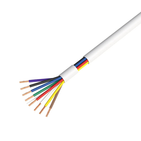 Close-up of Budget-Friendly 500 Feet 18 AWG 8-Conductor CCA Alarm Wire, Stranded Copper-Clad Aluminum for low-voltage systems.
