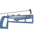 Universal Drawer Slide Jig for Cabinets Easy Install Drawer Slides Quickly And Accurately With A Locking Wedge Adjustable Indexing Foot And Large Clamping Area For Pro Grade Cabinet Hardware Installations, showing blue tool with handle and bar