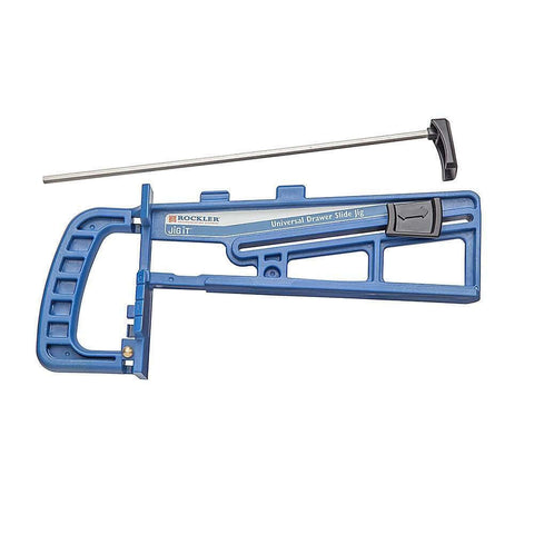 Universal Drawer Slide Jig for Cabinets Easy Install Drawer Slides Quickly And Accurately With A Locking Wedge Adjustable Indexing Foot And Large Clamping Area For Pro Grade Cabinet Hardware Installations, showing blue tool with handle and bar