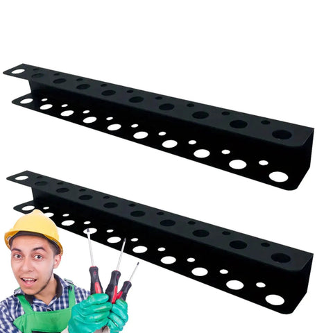 Heavy Duty Screwdriver Storage Holder, Space Saving Tool Rack with 2X Capacity, vertical mount shown in black steel with worker
