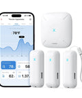 WiFi Temperature And Humidity Monitor For Home And Garden With Smart App Control Hygrometer For House And Plants Free Data Storage Export Three Sensors And One Base Station with phone display