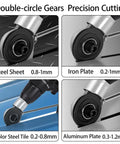 Heavy Duty Sheet Metal Cutter Nibbler Drill Attachment For Steel Aluminum Iron showing double-circle gears for precision cutting.