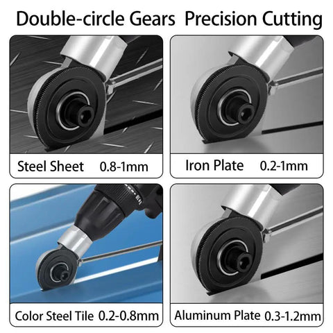 Heavy Duty Sheet Metal Cutter Nibbler Drill Attachment For Steel Aluminum Iron showing double-circle gears for precision cutting.
