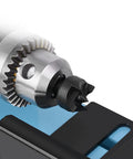 Close-up of Dirt Cheap Mini Wood Lathe For Benchtop Projects Steel Build 150W motor chuck detail with black grip.