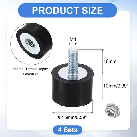 Heavy Duty M4 Rubber Mounts 4Pc Anti Vibration Isolator Kit with dimensions and nut, designed for stability in cars and generators.