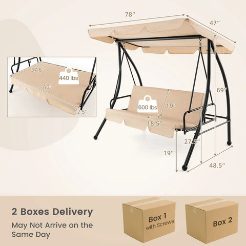 Diagram of 2 In 1 Convertible Porch Swing Bed With Adjustable Canopy And Removable Cushions Solid Metal Frame showing dimensions and weight capacity, with boxes for delivery.