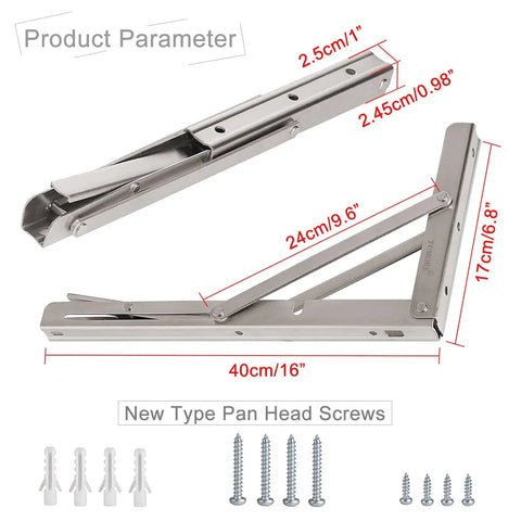 Heavy Duty Folding Shelf Brackets 16 Inch Stainless Steel Supports Collapsible Shelf Bracket For Table And Work Bench 330 Lb Max Load Space Saving DIY Bracket Pack Of 2 with screws and dimensions