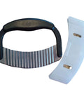 Crinkle cutter with stainless steel ribbed blade and black plastic handle; includes curved white guard.