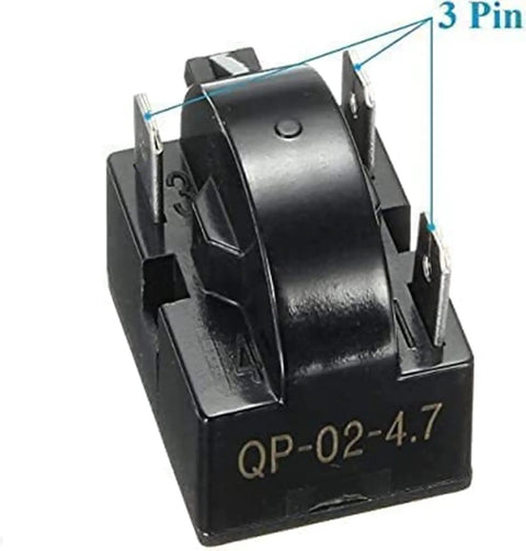 Close-up of QP-02-4.7 3 Pin PTC Starter Relay And Overload Kit For Refrigerator Compressors 4.7 Ohm 110V