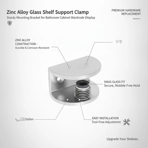 Semi Circular Zinc Alloy Glass Shelf Clamp Mounting Bracket with brushed metal finish, showing snug fit and easy installation.