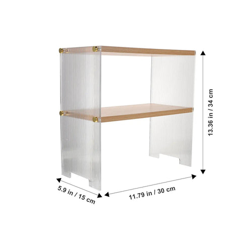Clear The Counter Clutter With This Slick Wooden Acrylic Display Shelf, multi tier, 13.36 in height, 11.79 in width, clear design.