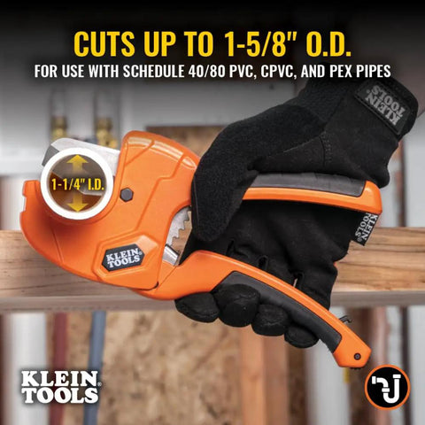 Ratcheting PVC Pipe Cutter For One Handed Use That Cuts One And A Quarter Inch ID PVC CPVC And PEX Lightweight With Soft Gripped Handles