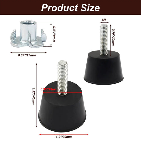 Image showing three components of the 1.2 Inch M6 Threaded Adjustable Furniture Leveling Feet Set Four Pack Screw In Levelers For Chairs Tables Cabinets And Sofas Easy Install Glides To Fix Wobbly Furniture And Keep It Solid with dimensions.