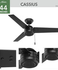 Matte black 44 inch indoor outdoor ceiling fan no light with reversible blades, damp rated for patio, porch, garage, pull chain control